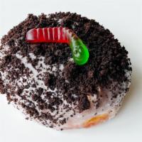 Dirt Cup Bomb · Raised doughnut bomb filled with dark chocolate pudding and topped with OG glaze, chocolate ...