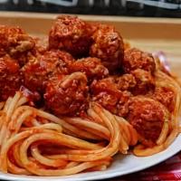 Bucatini Con Polpette · Homemade bucatini pasta with hand made meat balls