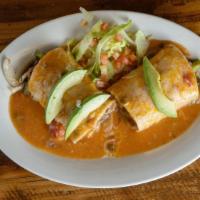 Fajita Burrito · Your choice of chicken or steak fajita meat, served with avocado slices and panela cheese.