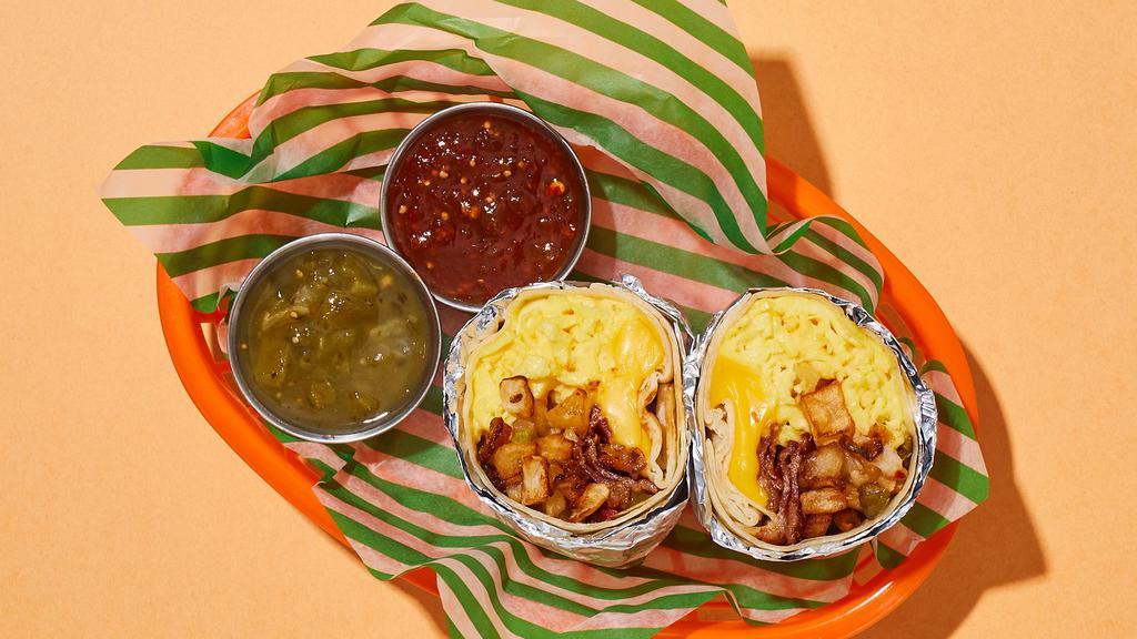 Morning Bacon Breakfast Burrito · Two scrambled eggs with crispy bacon, crispy home fries, and melted cheese wrapped up in a flour tortilla.