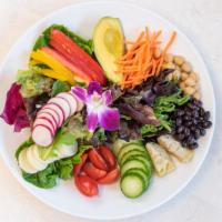 Veggie Power Salad · Artician lettuce, shredded carrots, peppers, artichokes, radishes, tomatoes, cucumbers, avoc...