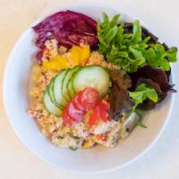Quinoa Protein Power Salad · Quinoa, tomatoes, cucumbers, onions, kale, parsley, lemon, olive oil vinaigrette.