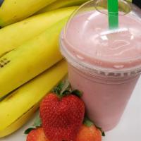 Strawbanaberry · Strawberries, banana, non fat frozen yogurt, apple juice.