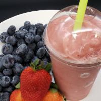 Berry Bliss · Blueberries, banana, raspberry sherbet, non fat frozen yogurt, apple juice.