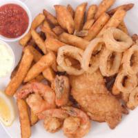 Fried Fisherman'S Basket · Basket featuring gulf shrimp, calamari and Alaskan cod. Served with seasoned French fries.