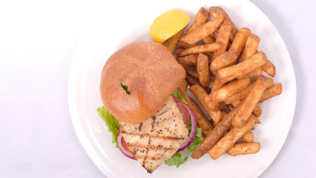 Fresh Mahi Sandwich · Hand-cut mahi filet served blackened, grilled or fried and served on a toasted bun with lettuce, tomato and onion. Served w seasoned French fries.