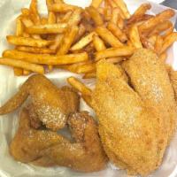 Wing(3 Pcs) And Tilapia(2 Pcs) · Dinners come with fries, bread, and coleslaw.