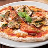 Eggplant Delight Pizza · Savory pizza with eggplant, Italian sausage, onions, and tomatoes.