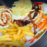 Supreme Bomba Burger (1/2 Pound) · Beef, ham, chicken, egg, bacon, cheese, lettuce, tomato, onions, potato sticks, ketchup, may...