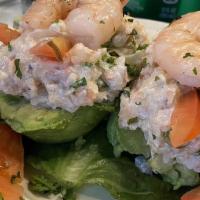 Palta Rellena · Stuffed Avocado (Shrimp and Scallops).