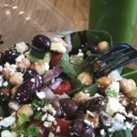 Mediterranean Salad · Cucumber, grape tomatoes, chickpeas, kalamata olives, red onion, parsley, baby spinach, feta...