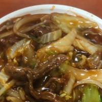 Beef Chow Mein · With white rice and crunchy noodles.