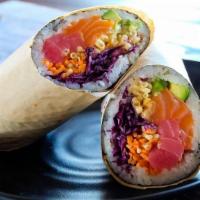 Kungfu-Rrito Roll · Fresh tuna, fresh salmon, cabbage, carrots, avocado, sriracha teriyaki, wasabi mayonnaise an...