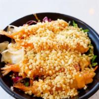 Shrimp Tempura Crunch Bowl · Shrimp tempura beets, carrots, cabbage, cucumber, avocado, edamame, seaweed salad, sriracha ...
