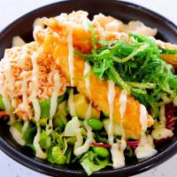 Tangy Crab & Shrimp Bowl · Crab salad, shrimp tempura, lettuce, carrots, cucumber, cabbage, avocado, edamame, beets, te...