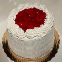 Strawberry Cake (Whole) · Vanilla cake with fresh strawberries and strawberry filling. Whipped topping Icing. Made fre...