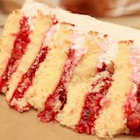 Strawberry Cake · Vanilla cake fresh strawberry filling with whipped topping icing