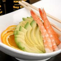 Avocado Salad · Slices of avocado topped with shrimp, kanikama served on a bed of cucumbers and spicy mayo.