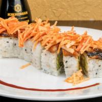 J Tokyo Roll · Shrimp tempura, avocado topped with baked eel and spicy krab salad.