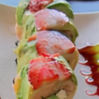 Caterpillar Roll · Baked eel, krab, spicy mayo mix, rolled with avocado, cucumber, cream cheese, masago mixed s...