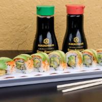 Dragon Roll · Cooked. Shrimp tempura, avocado, cucumber, spicy mayo topped with masago and avocado.