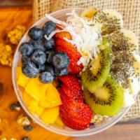 Ipanema Bowl · Topped with granola, banana, strawberries, blueberries, kiwi, mango, chia, gold flax seeds, ...