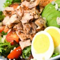 Cobb Salad · Mixed Greens. Grilled Chicken. Gorgonzola. Roma Tomatoes. Avocado. Applewood Bacon. Egg. Pep...