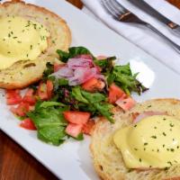  Eggs Benedict Croissant · New. Poached egg on a croissant, Canadian bacon, hollandaise sauce, spring mix salad.