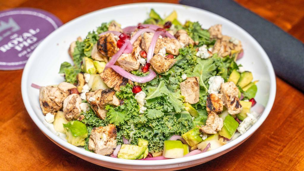 The Power Bowl · Kale, crispy apples, dried cranberries, blue cheese, walnuts, avocado, quinoa, pomegranate and pickled onion. Served with house made herb ranch dressing.