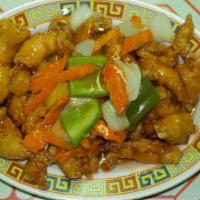 Sweet And Sour · Shown above is our famous sweet n sour chicken with onions, bell peppers, carrots, & pineapp...