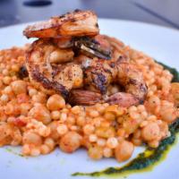 Blackened Red Shrimp 3 Pepper Couscous · argentinian red shrimp, couscous, peppadew peppers puree, bell pepper, edamame, chickpeas, h...