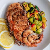Pan Seared Shrimp · Skillet Seared Shrimp with Quinoa & 
Seasonal Vegetables with Sweet Chili Glaze