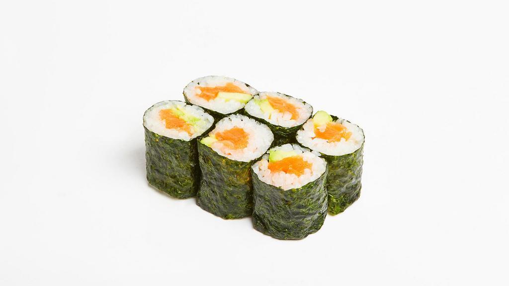 Salmon Avocado Roll · Salmon and avocado with sushi rice wrapped in nori.