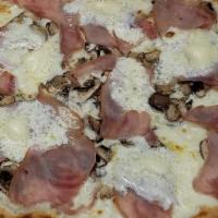 12” Medium Tartufata · White pizza. Bianca, mozzarella, ham, mushroom, mascarpone, black truffle oil.