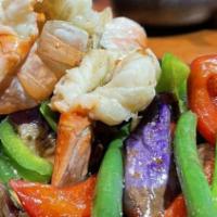Shrimp Eggplant · Stir fry giant shrimp, eggplant, snow peas, bell peppers, black sauce, and basil leaves (my ...