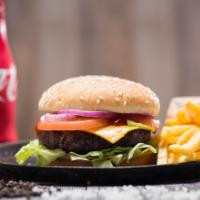 Combo Super Burger · 1/2 lb burger beef, lettuce, tomato, onion, ketchup, special green sauce, american cheese, p...