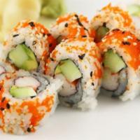 California Roll · Imitation crab, avocado, cucumber, inside out with masago, and sesame seeds.