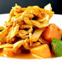 Massaman Curry · Mild massaman curry paste, coconut milk, ground peanuts, avocado, sweet potatoes and onions.