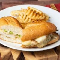 Grilled Chicken Po’Boy · Grilled chicken breast with asparagus spears, lemon aioli and Swiss cheese on a
toasted hoag...