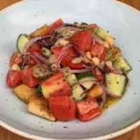 Mediterranean Salad · Tomatoes, cucumber, chickpeas, olives, red onions, homemade croutons, fresh squeezed lemon, ...