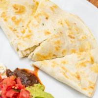 Quesadillas · Corn tortilla with melted cheeses, peppers and Grilled onions served with sour cream and sal...