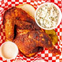 Half Smoked Chicken · Dry Rubbed Smoked Half Chicken, One Side, B&B Pickles, and Sauce