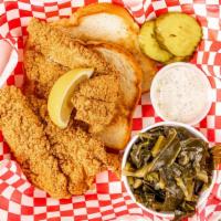 Catfish Plate · 2 Pieces of Breaded Fried Catfish, with One Side, Butter Bread, B&B Pickles, Banana pepper T...
