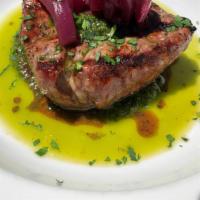 Picanha · Grilled Top Sirloin with a fresh basil-cilantro chimichurri sauce topped with Parmesan Potat...