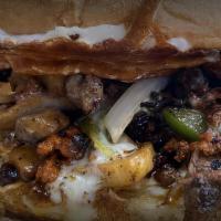 Mexican Philly Tortas · Chorizo and steak mix with cheese blend, grilled bell peppers and grilled onions.