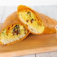 El Burrito Mañanero / Morning Burrito · Dos huevos revueltos, queso mozzarella, tocino, salsa cilantro envuelto a la perfecci√≥n en ...