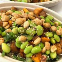 Asian Bowl 390 Cal. · Roasted Tofu, Warm Quinoa, Roasted Sweet Potatoes, Scallions, Shredded Carrots, Crunchy Pean...