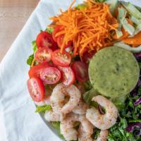 Sunshine Shrimp 290 Cal. · Roasted Shrimp. Avocado, Grape Tomatoes, Pickled Vegetables, Romaine, Greens & Herbs Blend
L...