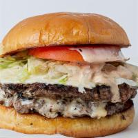 Rs Burger Double · Ground chuck, white american cheese, lettuce, tomato, burger sauce.