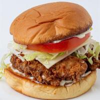Tender Sandwich · Fried chicken tenders, white American cheese, lettuce, tomato, red onion, mayonnaise on a to...